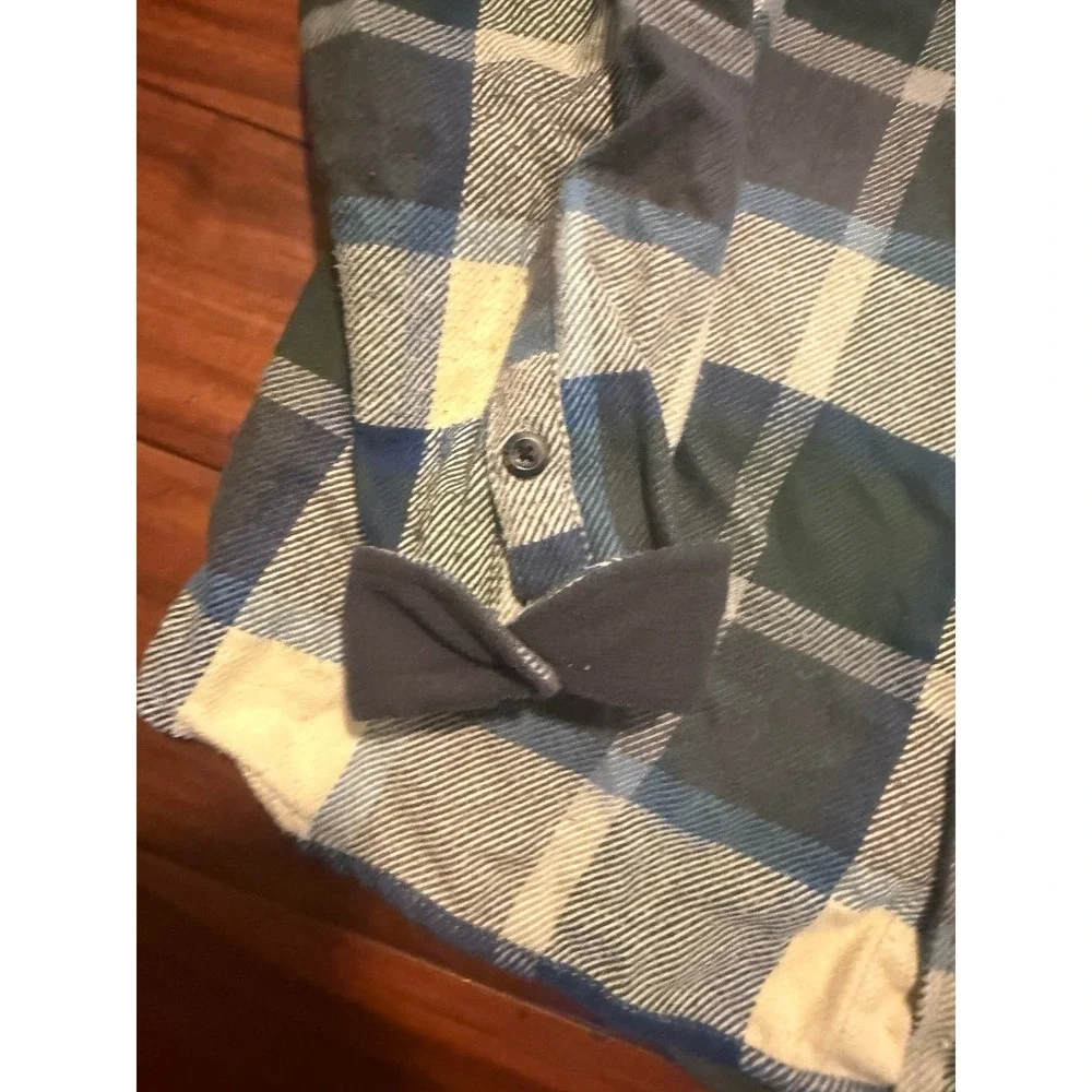 Orvis Mens Plaid Flannel Shirt Jacket Blue Green Cream Pockets Large L/G